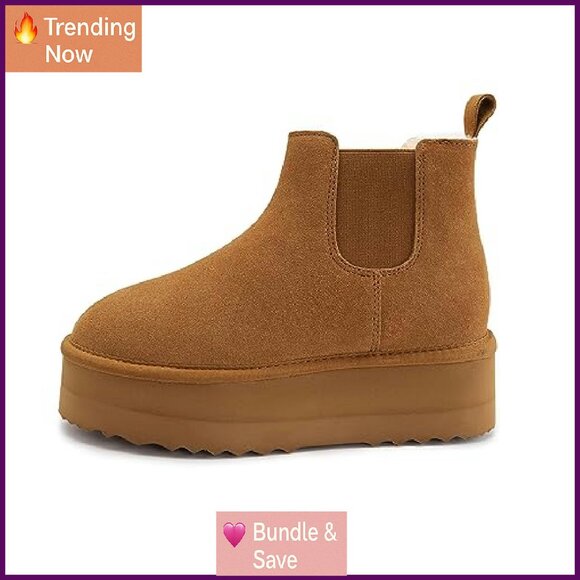 Genuine Suede Platform Snow Boots Slip On Faux Fur Ankle Boots Anti-Slip - Picture 4 of 8